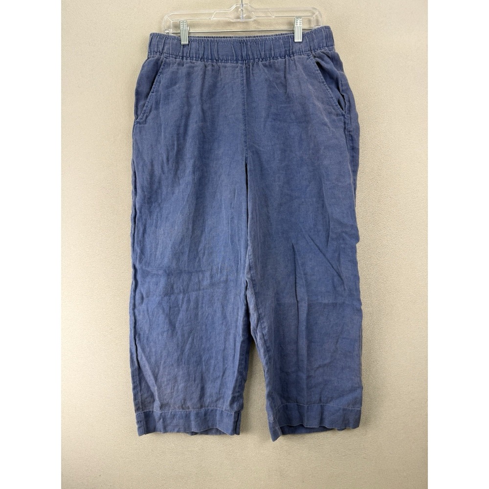 Tahari Essentials Blue 100% Linen Cropped Wide Leg Pants‎ High Rise Women's